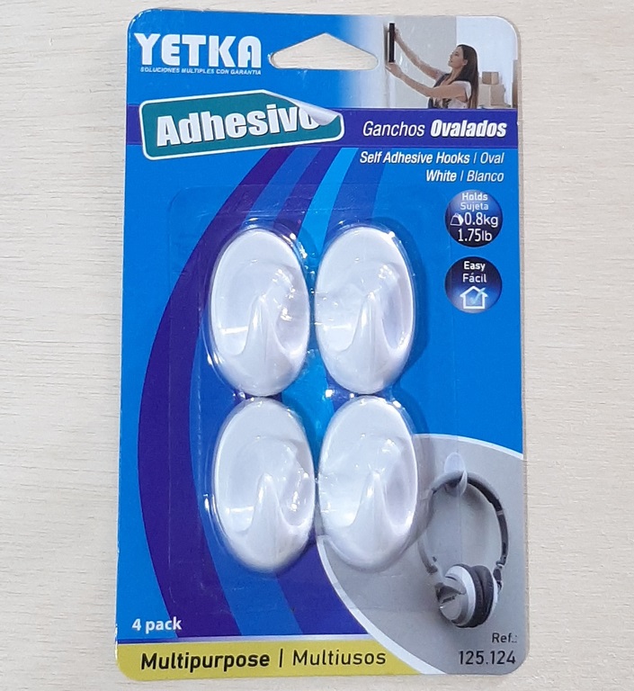 GANCHO OVALADO YETKA BLANCO 4 PCS ADHESIVO