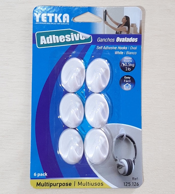 GANCHO OVALADO YETKA BLANCO 6 PCS ADHESIVO